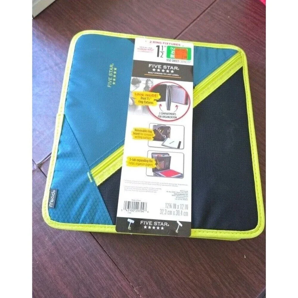 Mead Five Star Dual Ring Zipper Binder 1.5 Inch 950 Sheets NEW Retro Blue Green